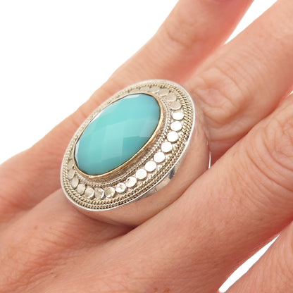 Anna Beck 925 Sterling Silver 2-Tone Vintage Real Turquoise Dotted Ring Size 6