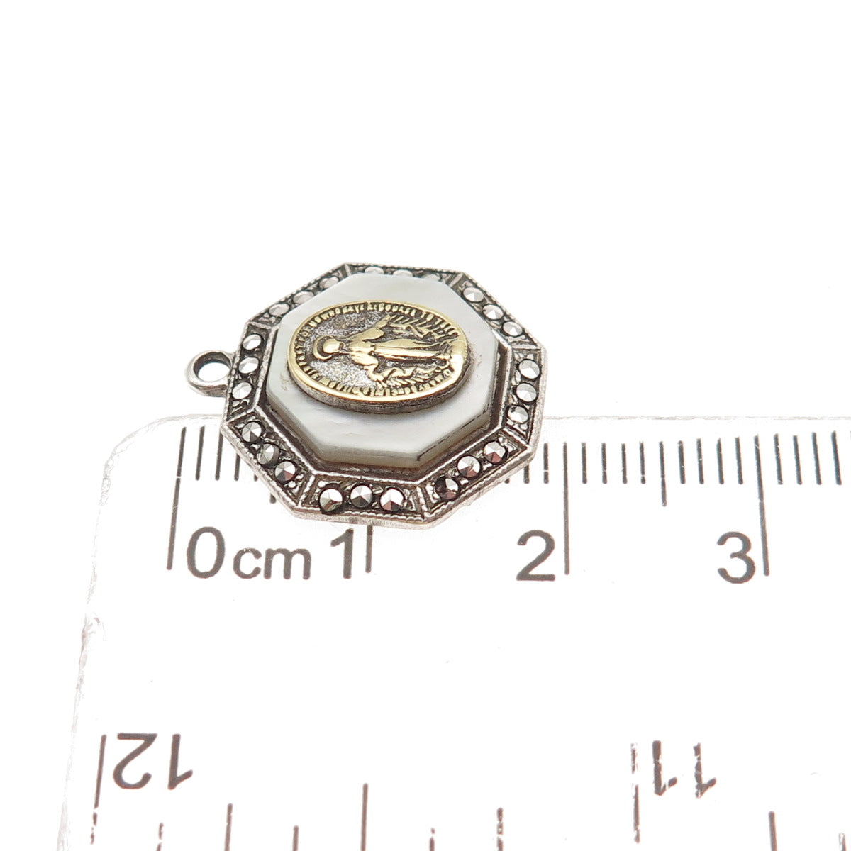 925 Sterling 2-Tone Antique Art Deco Real MOP & Marcasite St. Mary Mini Pendant