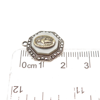 925 Sterling 2-Tone Antique Art Deco Real MOP & Marcasite St. Mary Mini Pendant