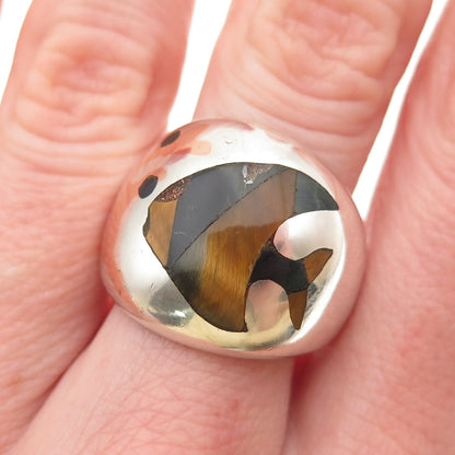 Pancho Sterling Silver Vintage Mexico Tiger Eye Onyx & Sunstone Fish Ring Size 8