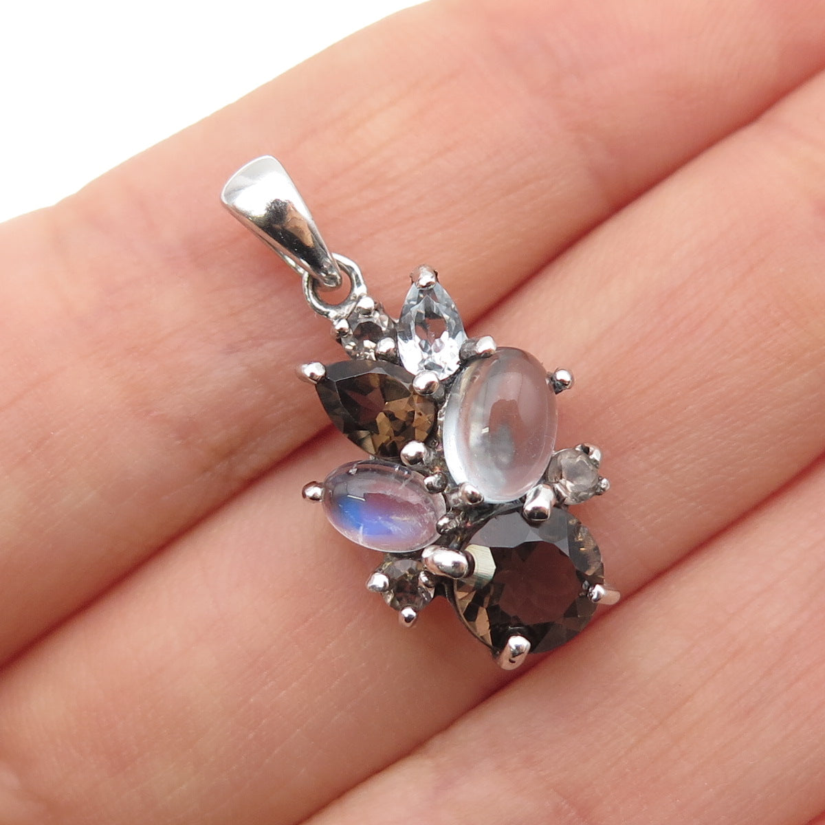 925 Sterling Silver Real Smoky Quartz Blue Topaz & Moonstone Charm Pendant