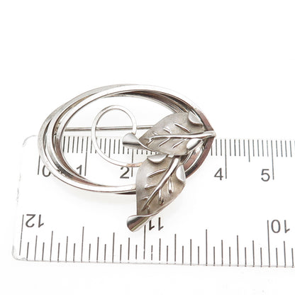 CURTIS 925 Sterling Silver Vintage Modernist Floral Leaf Oxidized Pin Brooch