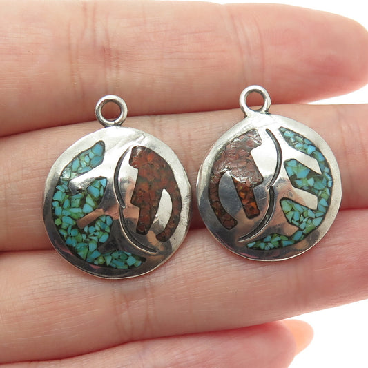 Old Pawn Sterling Silver Vintage Turquoise Coral Inlay Tribal Jacket Earrings