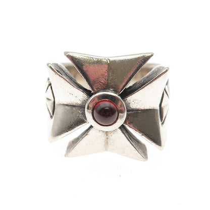 925 Sterling Silver Vintage Real Red Garnet Maltese Cross Oxidized Ring Size 10