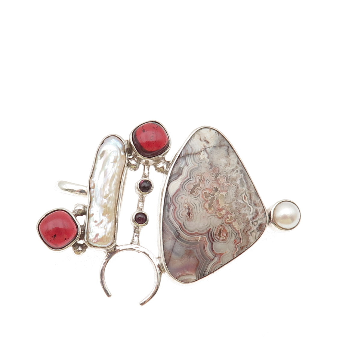 Som’s Sterling Vintage Real Agate Pearl Rhodonite Modernist Pin Brooch / Pendant