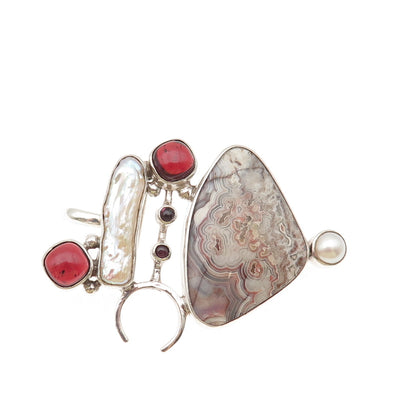 Som’s Sterling Vintage Real Agate Pearl Rhodonite Modernist Pin Brooch / Pendant