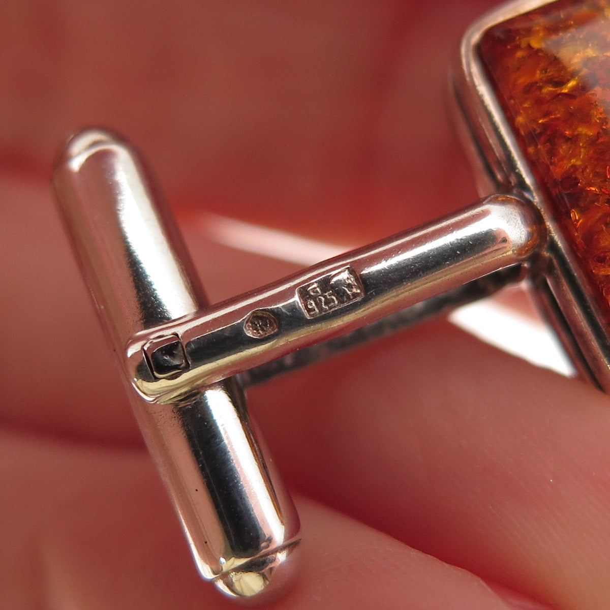 925 Sterling Silver Vintage JV Poland Real Amber Modernist Cufflinks