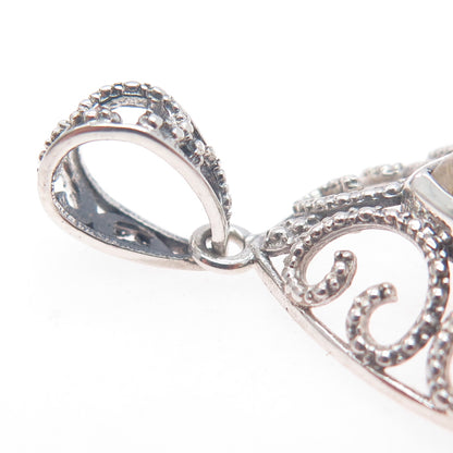 925 Sterling Silver Vintage Real Rutilated Quartz Ornate Teardrop Charm Pendant