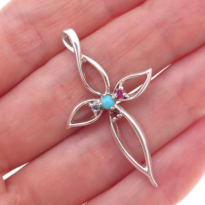925 Sterling Silver Vintage Real Turquoise Ruby Topaz Garnet Cross Charm Pendant