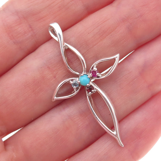 925 Sterling Silver Vintage Real Turquoise Ruby Topaz Garnet Cross Charm Pendant