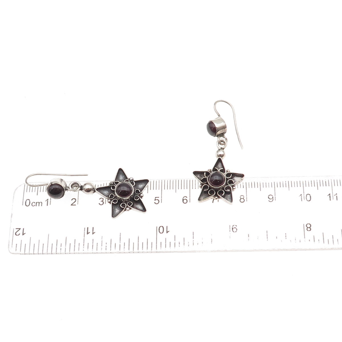 925 Sterling Silver Vintage Real Red Garnet Star Oxidized Dangle Earrings