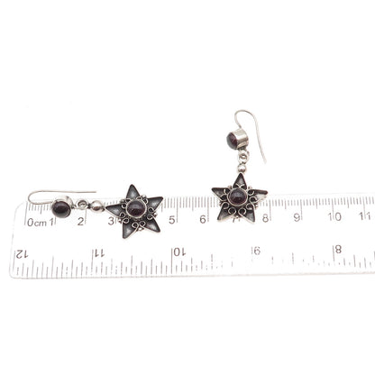925 Sterling Silver Vintage Real Red Garnet Star Oxidized Dangle Earrings