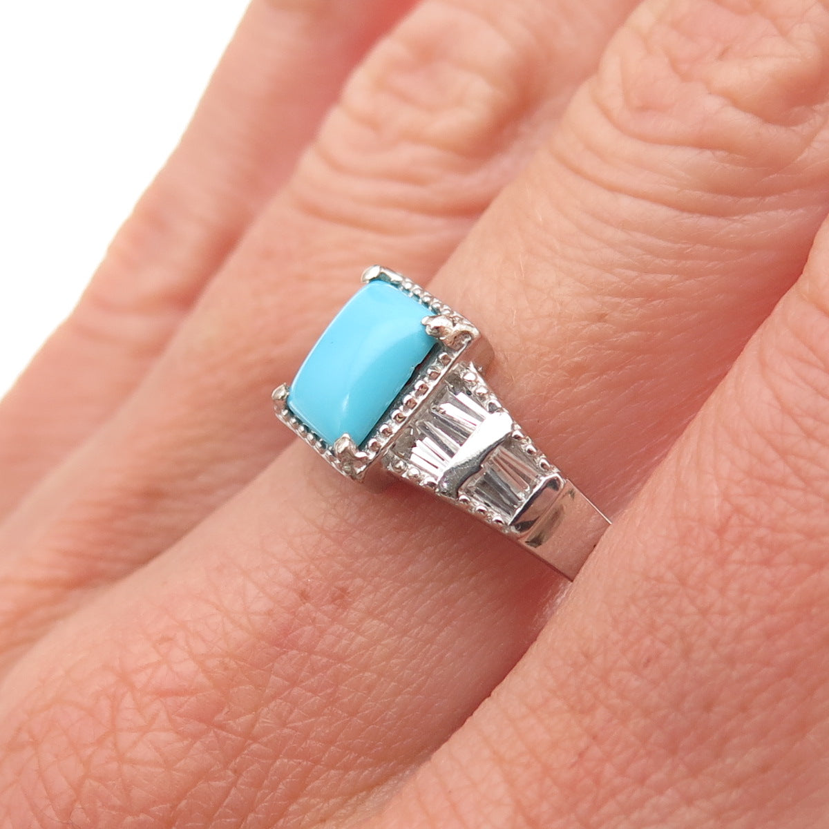 Chuck Clemency 925 Sterling Silver Real Turquoise & White Topaz Ring Size 8.25