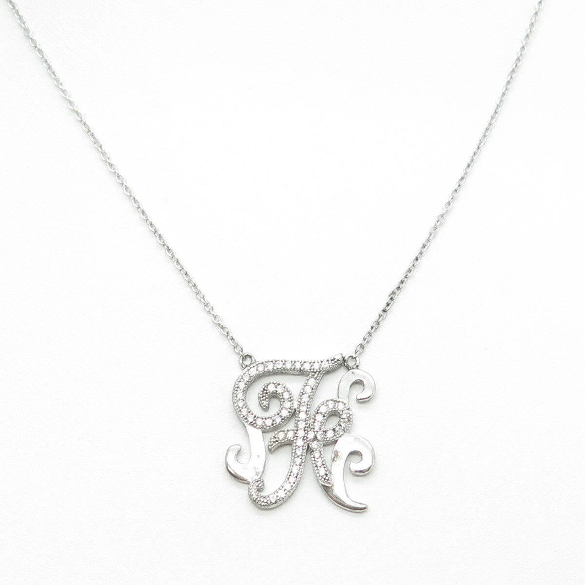 925 Sterling Silver Round-Cut C Z Letter "F" Ornate Cable Chain Necklace 16-18"