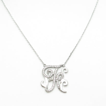 925 Sterling Silver Round-Cut C Z Letter "F" Ornate Cable Chain Necklace 16-18"
