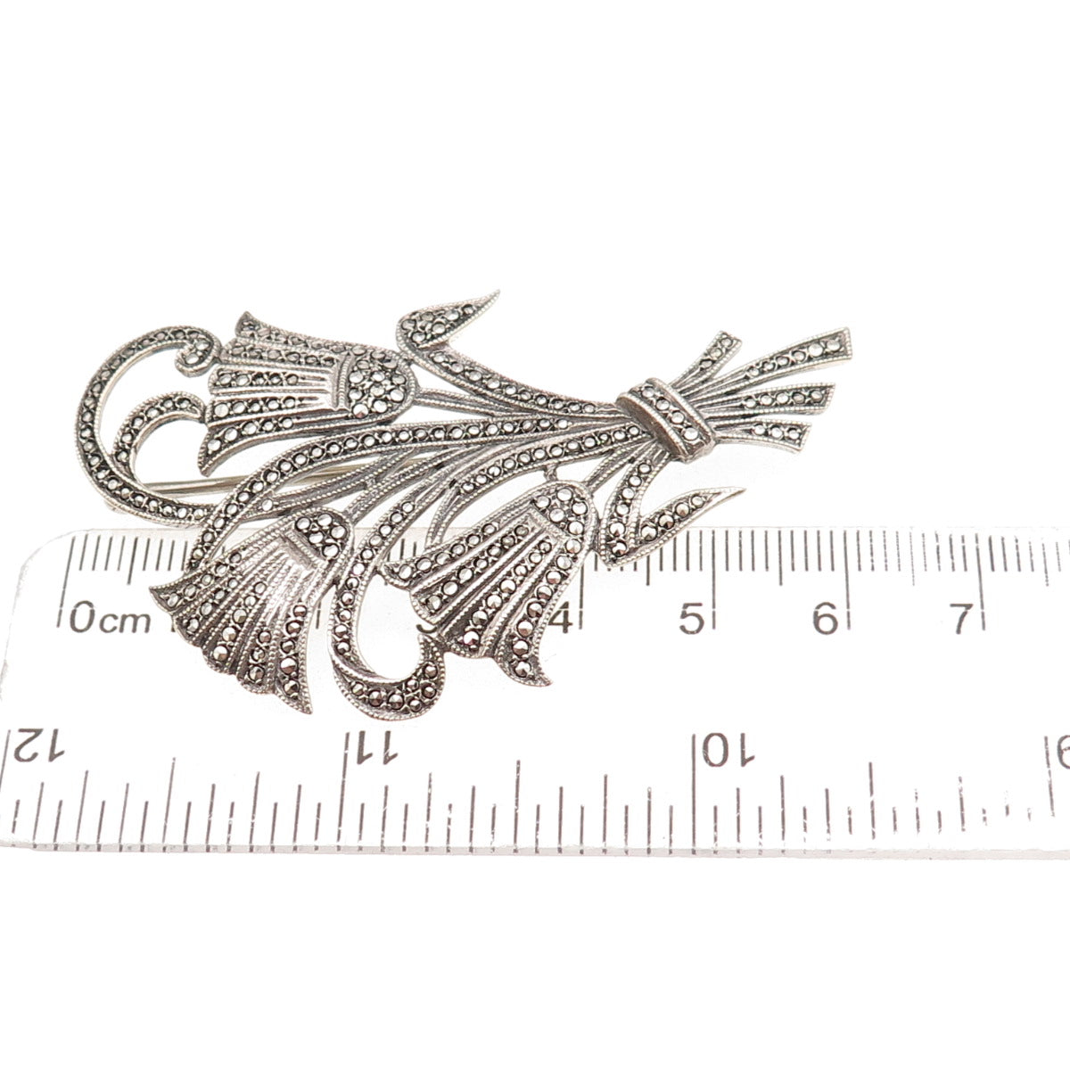 925 Sterling Silver Antique Art Deco Real Marcasite Floral Oxidized Pin Brooch