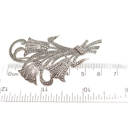 925 Sterling Silver Antique Art Deco Real Marcasite Floral Oxidized Pin Brooch