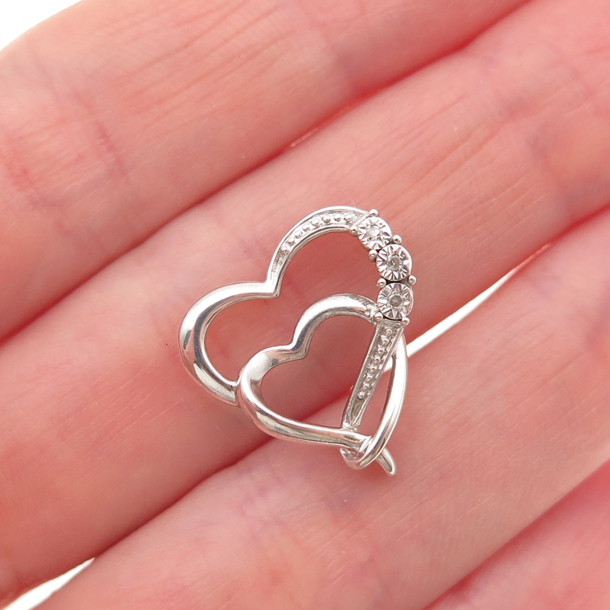 925 Sterling Silver Real Diamond Double Heart Mini Slide Charm Pendant