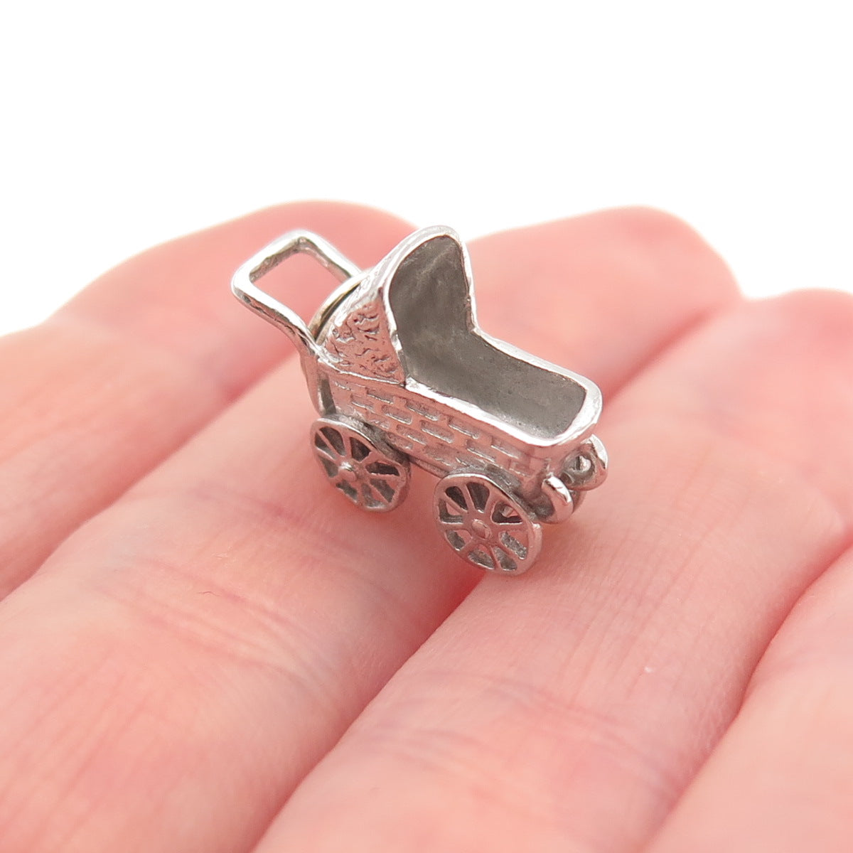 925 Sterling Silver Vintage Baby Stroller Oxidized 3D Mini Charm Pendant