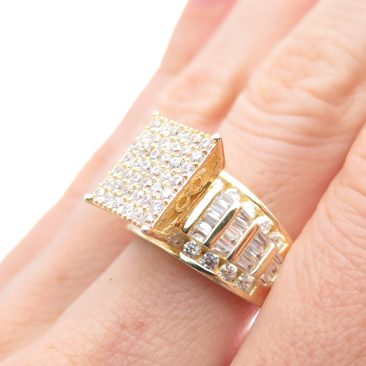 925 Sterling Silver Gold Plated Round & Tapered Baguette-Cut C Z Ring Size 6.5