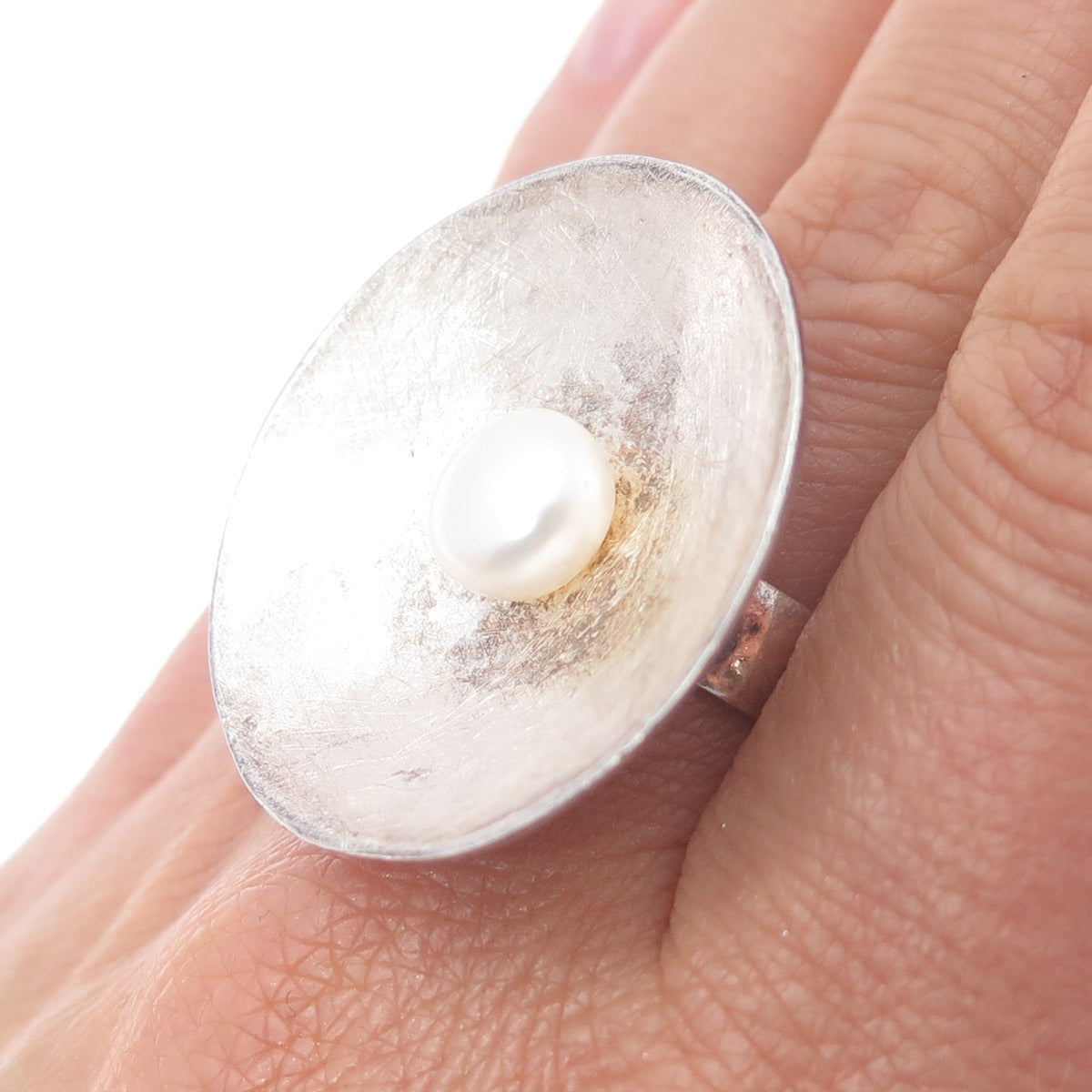 925 Sterling Silver Vintage Real Pearl Modernist Statement Ring Size 8