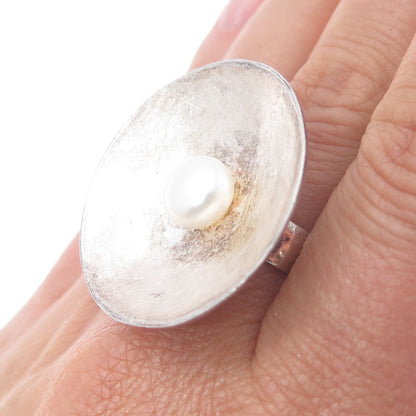 925 Sterling Silver Vintage Real Pearl Modernist Statement Ring Size 8