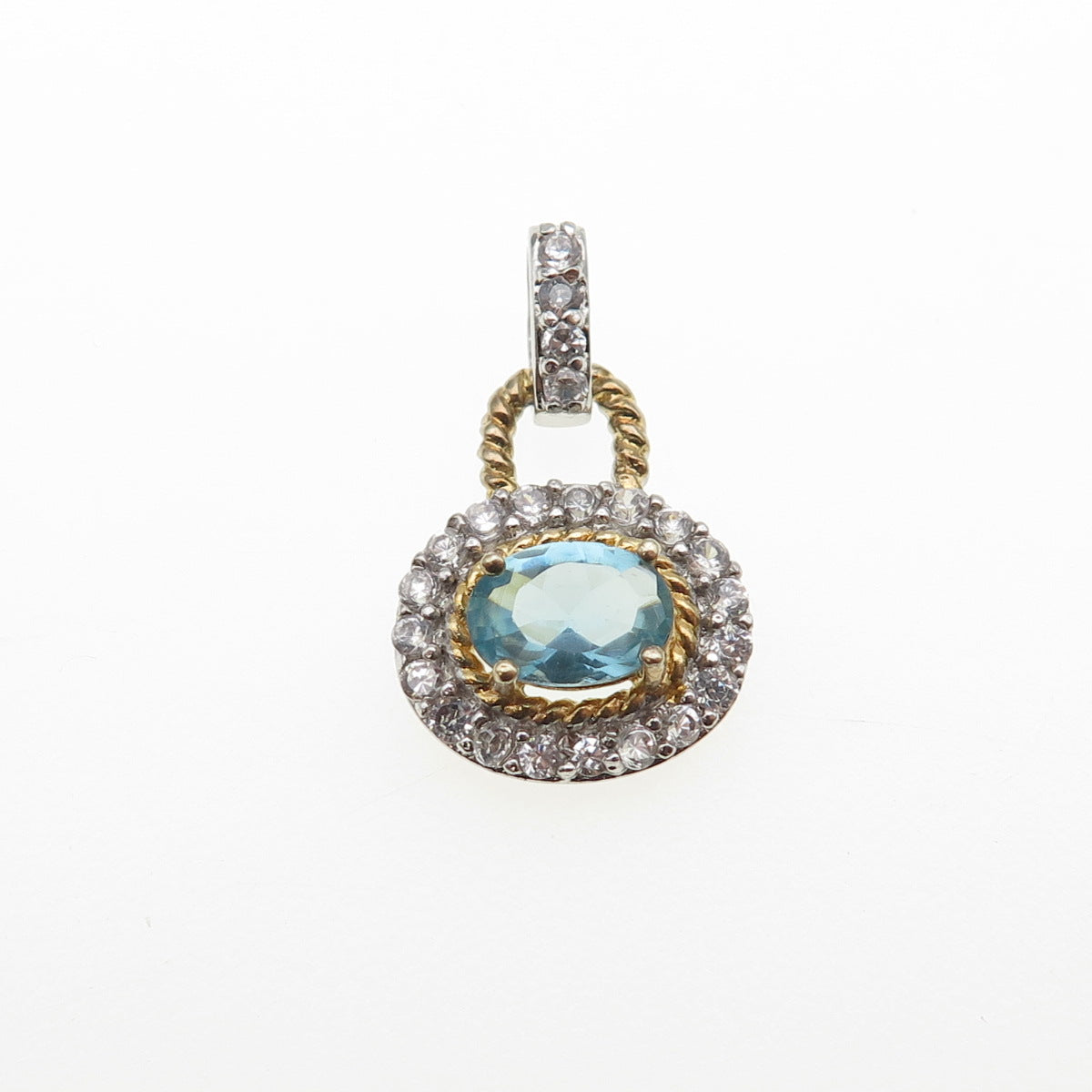 925 Sterling Silver 2-Tone Real Aquamarine & C Z Mini Charm Pendant