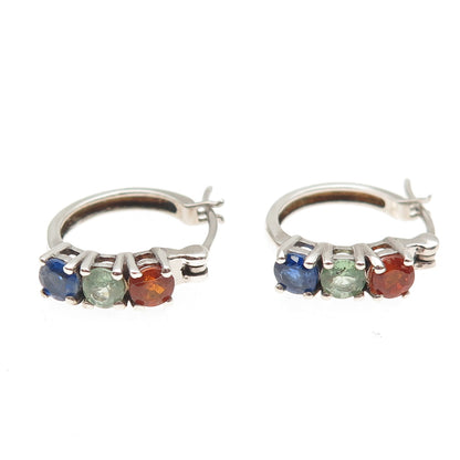 D'JOY 925 Sterling Silver Real Round-Cut Multi-Color Sapphire Hoop Earrings