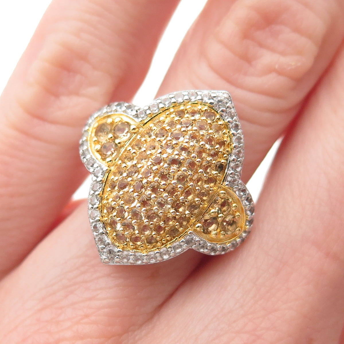 925 Sterling Silver 2-Tone Real Round-Cut Citrine & White Topaz Ring Size 5.75