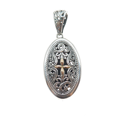 925 Sterling Silver 18K Gold Vintage Ornate Cross Oxidized Charm Pendant