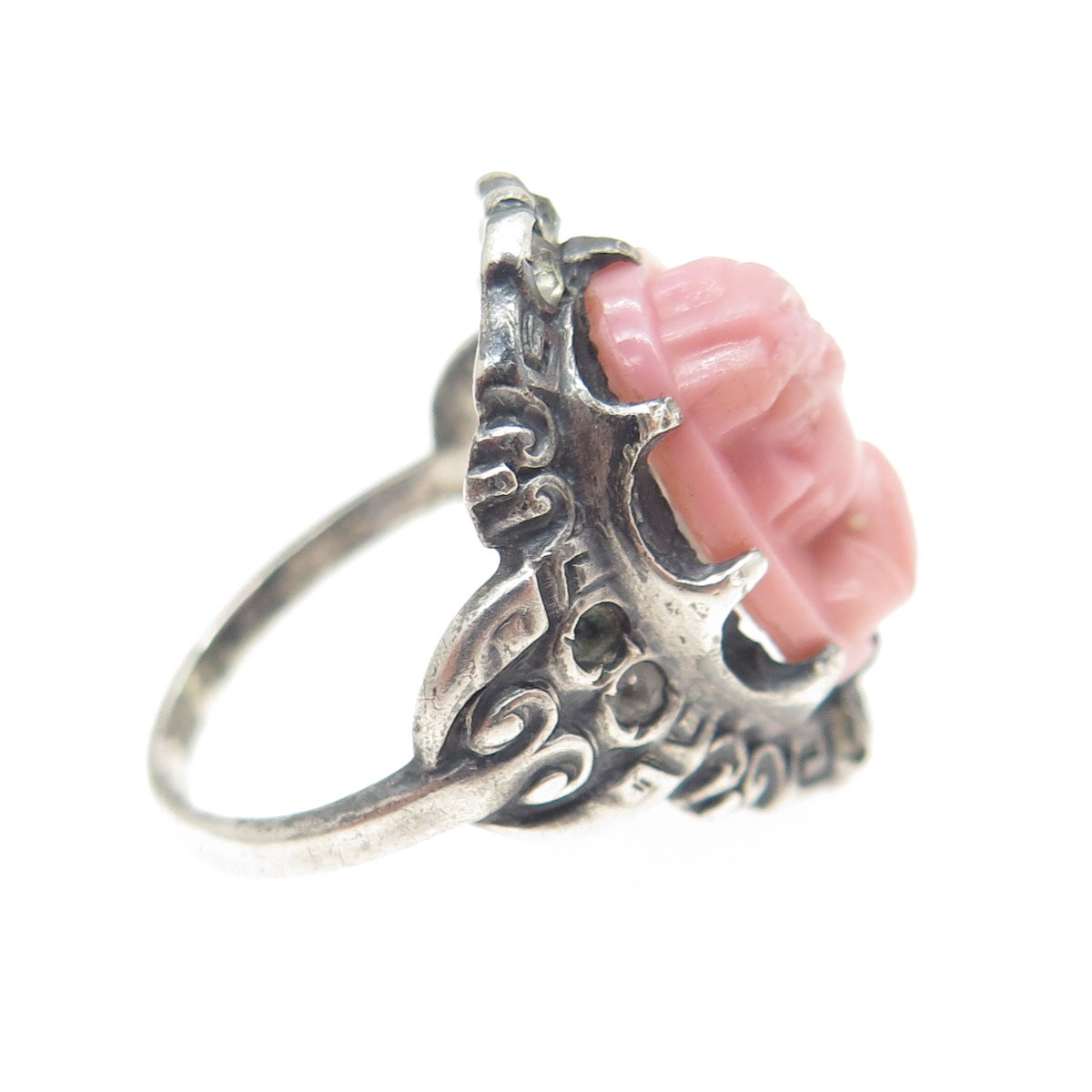 925 Sterling Silver Antique Rose Ceramic & Rhinestone Cameo Lady Ring Size 5