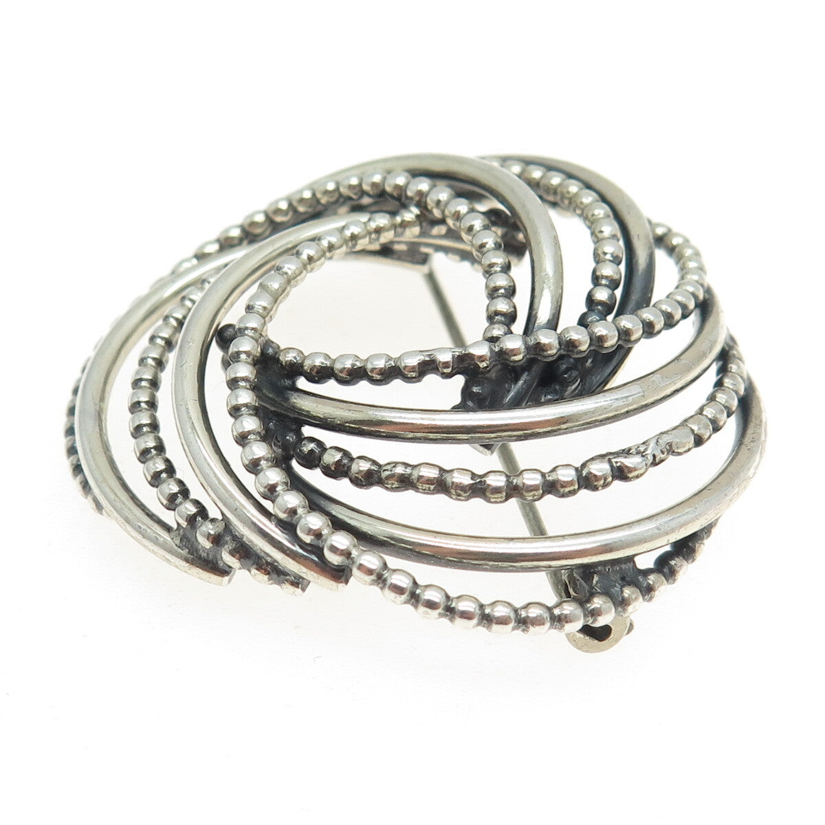 BEAU 925 Sterling Silver Antique Art Deco Beaded Tornado Interlocked Pin Brooch