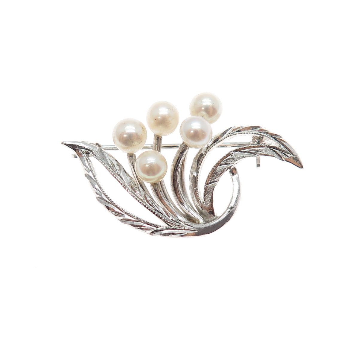925 Sterling Silver Antique Art Deco Real Pearl Floral Pin Brooch