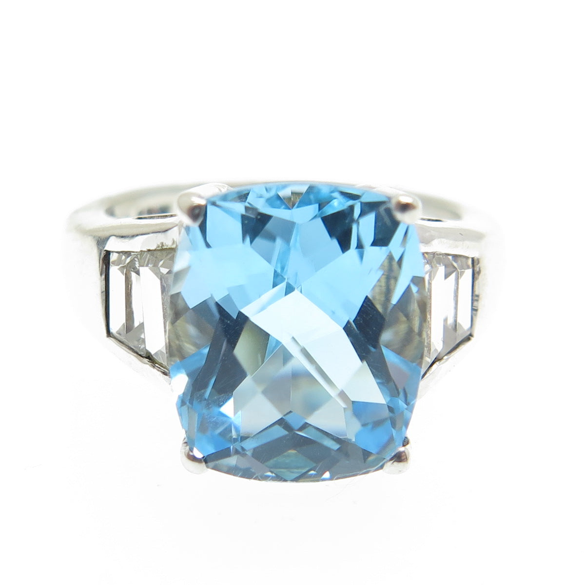 925 Sterling Silver Real Cushion-Cut Blue Topaz & C Z Ring Size 7.25