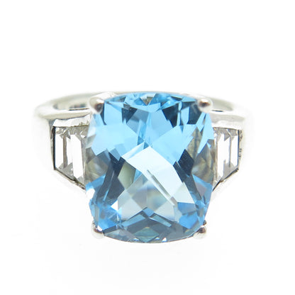 925 Sterling Silver Real Cushion-Cut Blue Topaz & C Z Ring Size 7.25