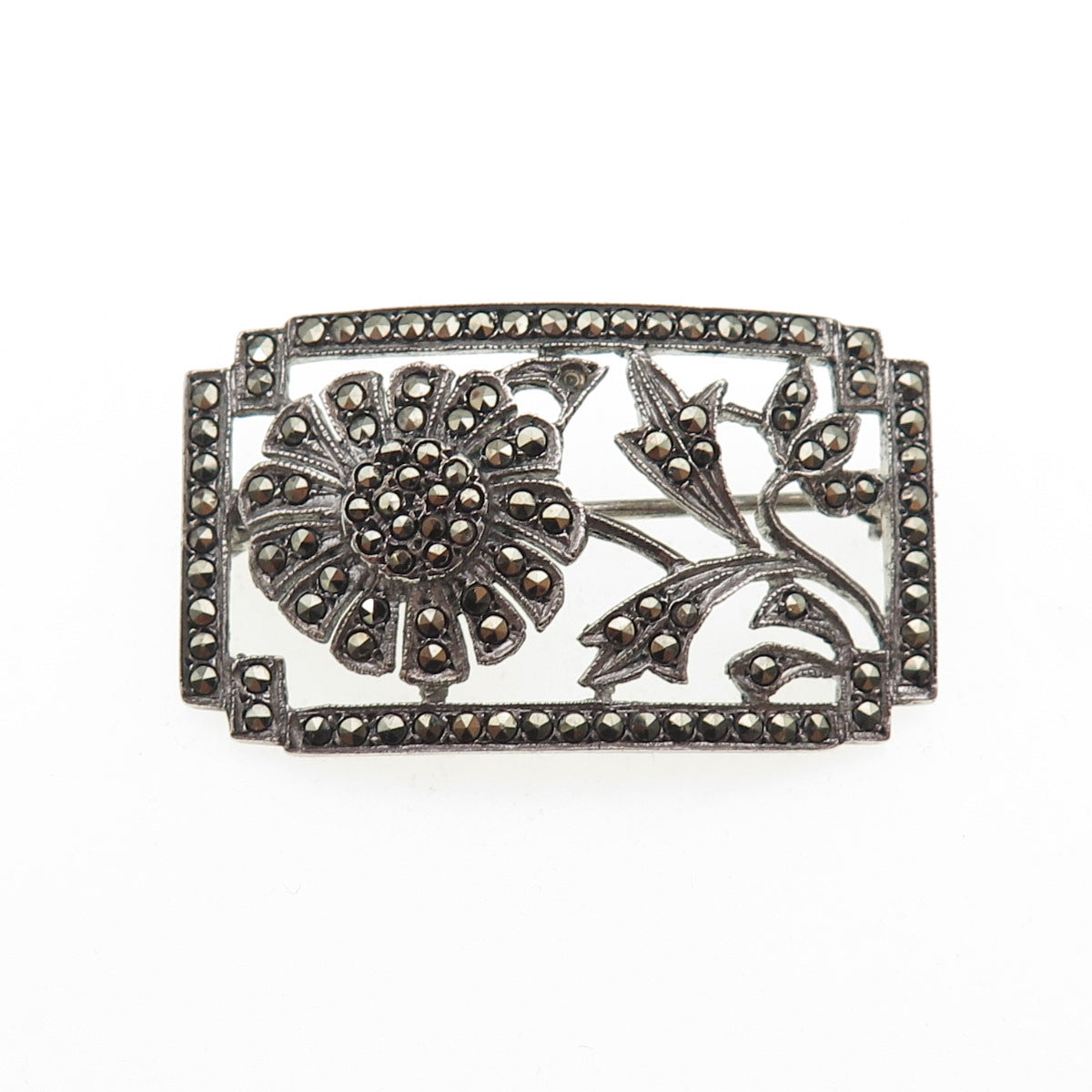 925 Sterling Antique Art Deco Real Marcasite Flower Pin Brooch (missing 1 stone)