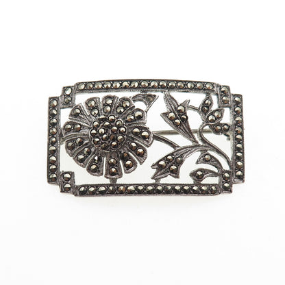 925 Sterling Antique Art Deco Real Marcasite Flower Pin Brooch (missing 1 stone)