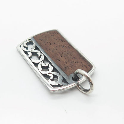 925 Sterling Silver Vintage Wood Ornate Pendant