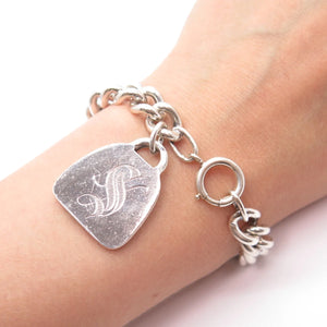 925 Sterling Silver Vintage Letter "S'' Initial Charm Cable Link Bracelet 7''