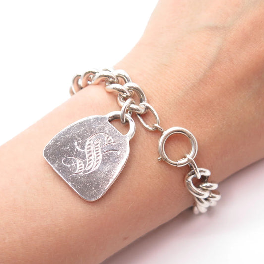 925 Sterling Silver Vintage Letter "S'' Initial Charm Cable Link Bracelet 7''