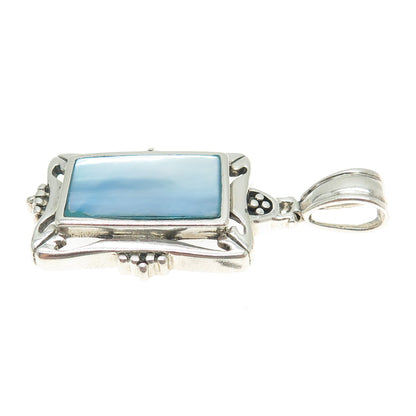 925 Sterling Silver Vintage Real Blue Mother-of-Pearl Granulated Pendant