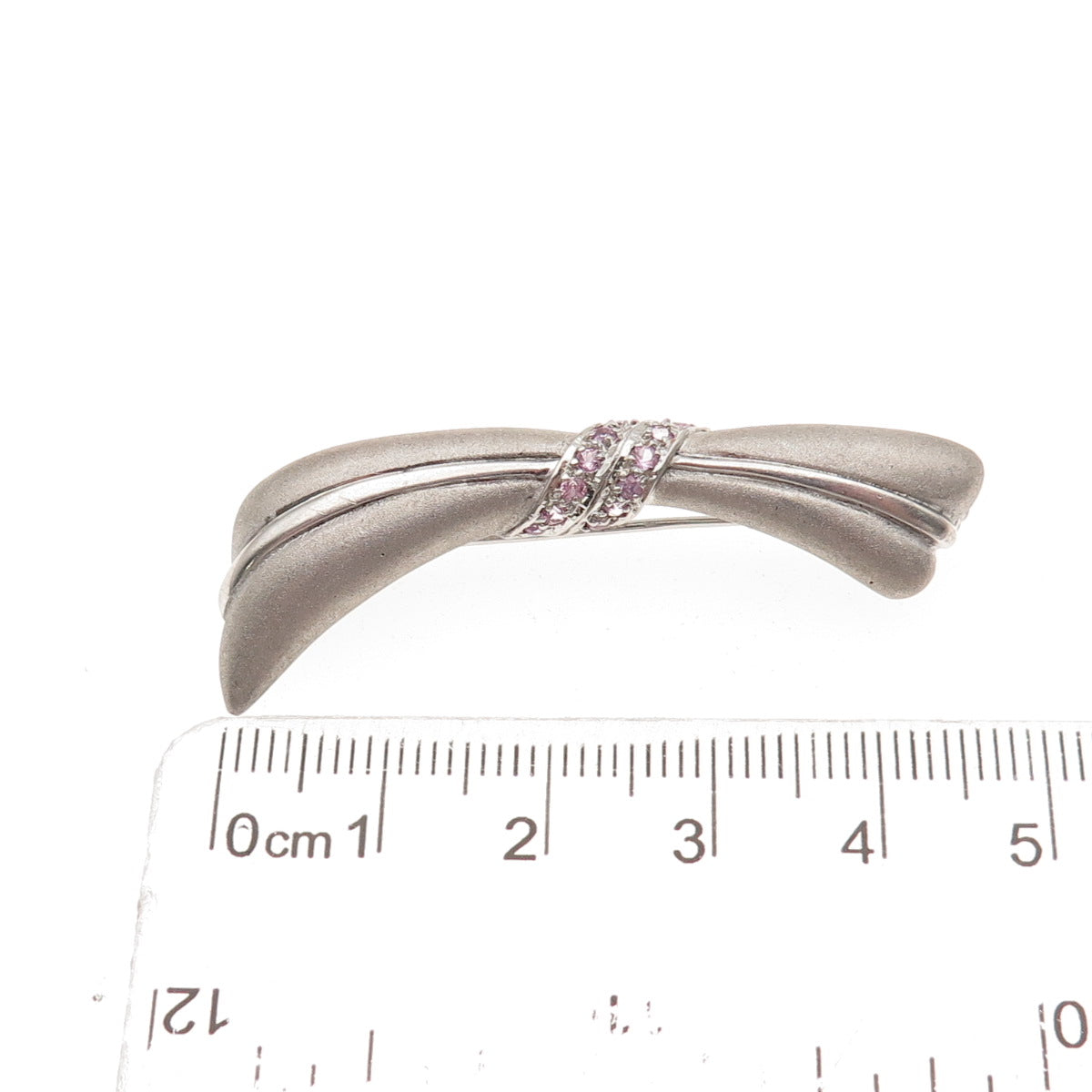 925 Sterling Silver Real Round-Cut Pink Sapphire Modernist Bow Pin Brooch