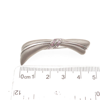 925 Sterling Silver Real Round-Cut Pink Sapphire Modernist Bow Pin Brooch