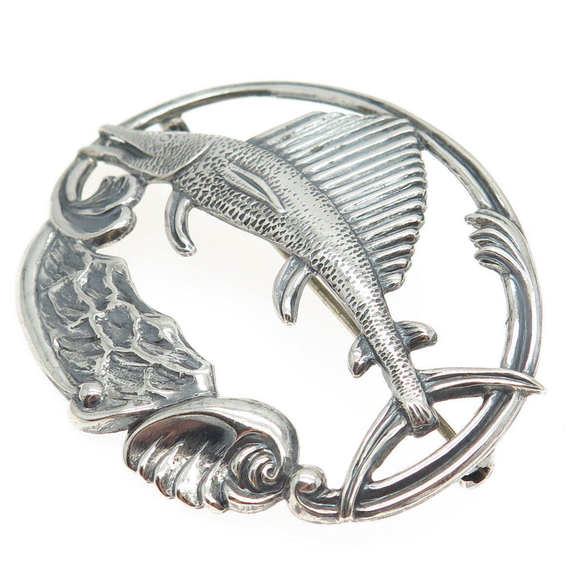 925 Sterling Silver Antique Art Deco Sailfish Repousse Pin Brooch