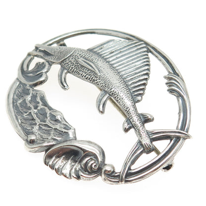 925 Sterling Silver Antique Art Deco Sailfish Repousse Pin Brooch