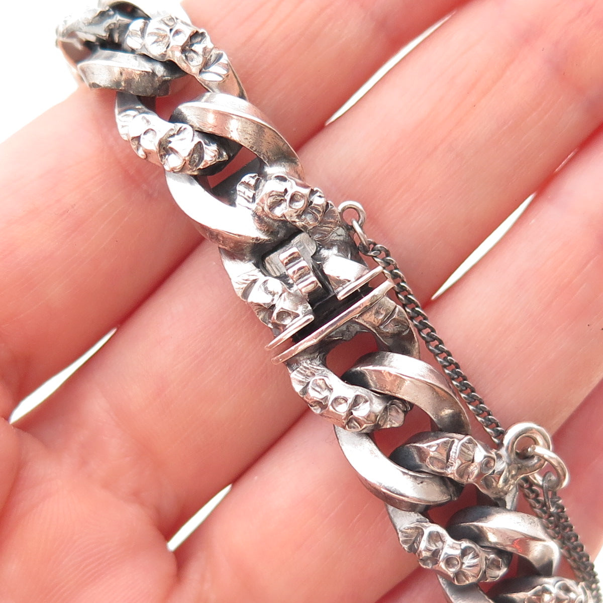 800 Silver Vintage European Curb Link Oxidized Bracelet 7"