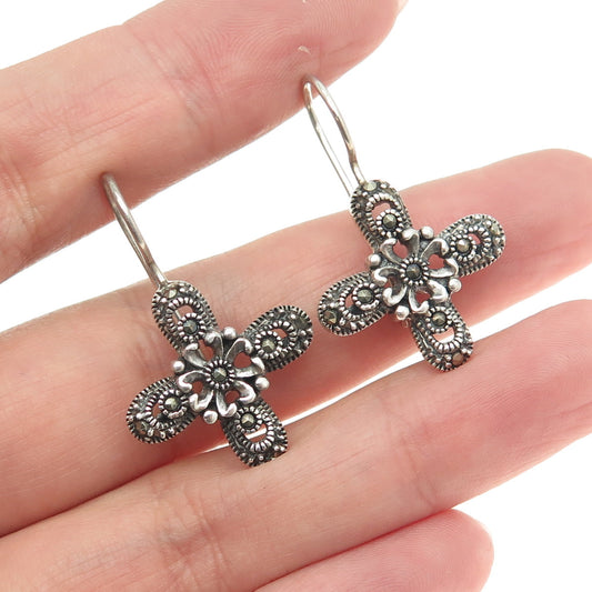 925 Sterling Silver Vintage Real Marcasite Flower Cross Dangling Earrings