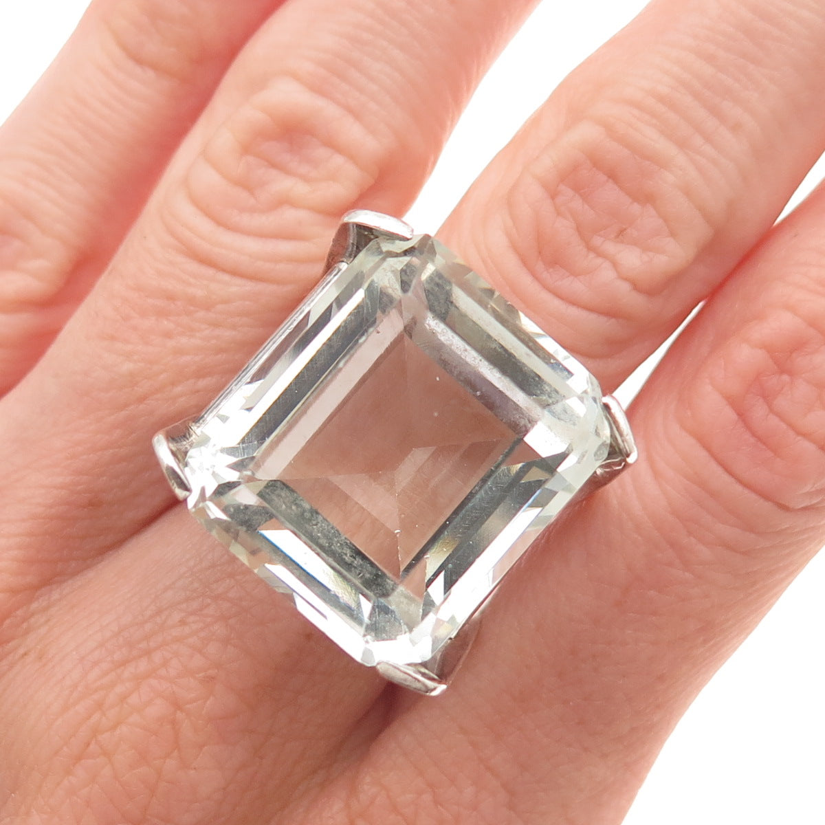 925 Sterling Silver Vintage Mexico Real Quartz Modernist Oxidized Ring Size 6