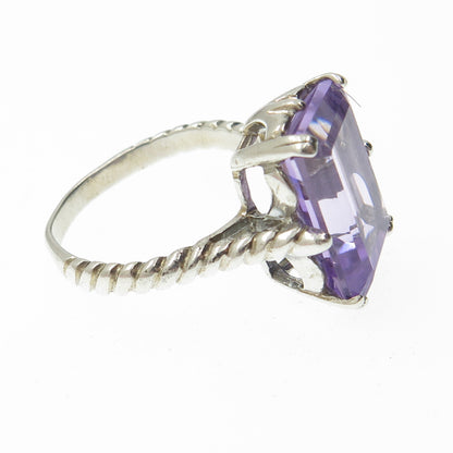 925 Sterling Silver Vintage Real Emerald-Cut Amethyst Twisted Ring Size 6.75