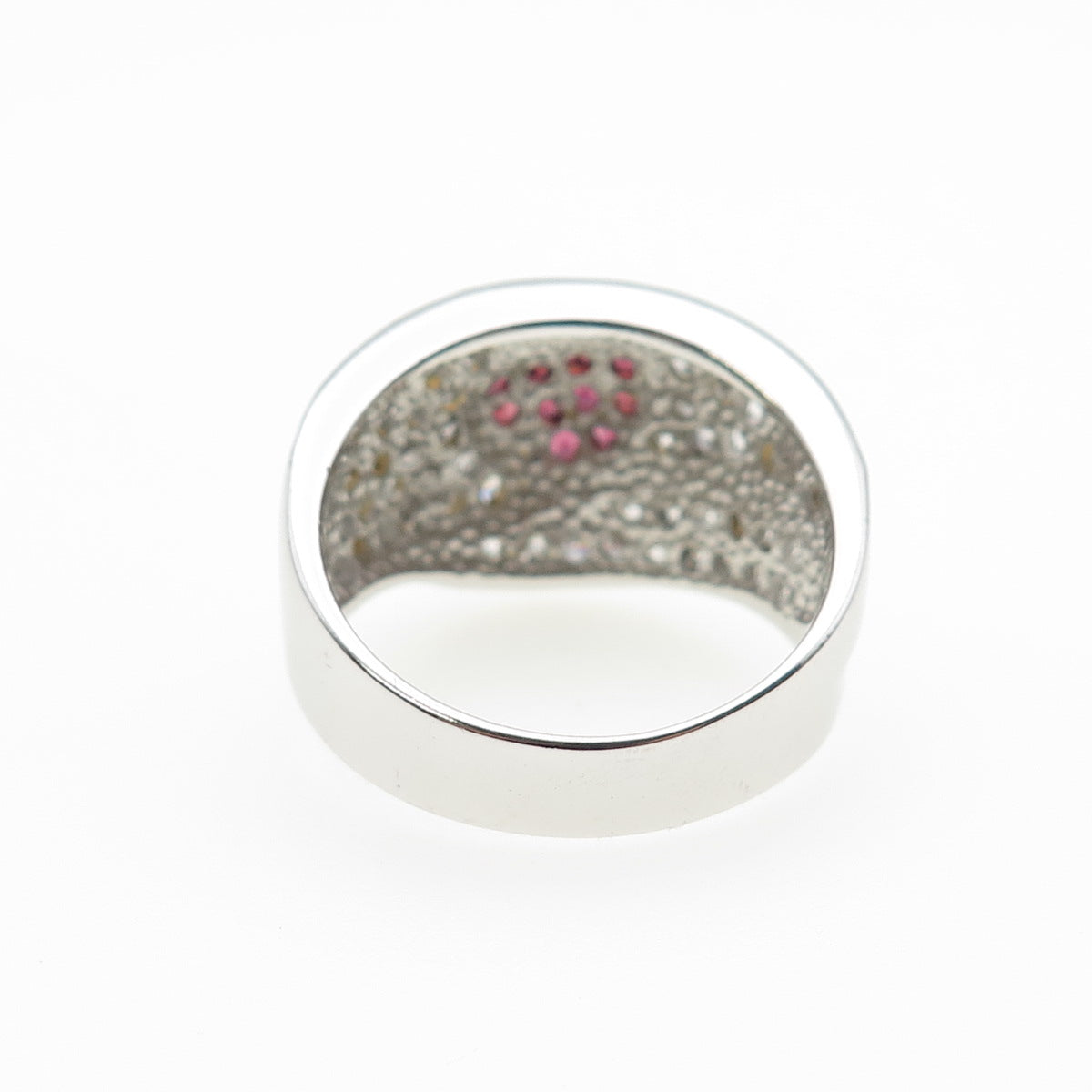 925 Sterling Silver 2-Tone Round-Cut Red & White C Z Heart Ring Size 10.5